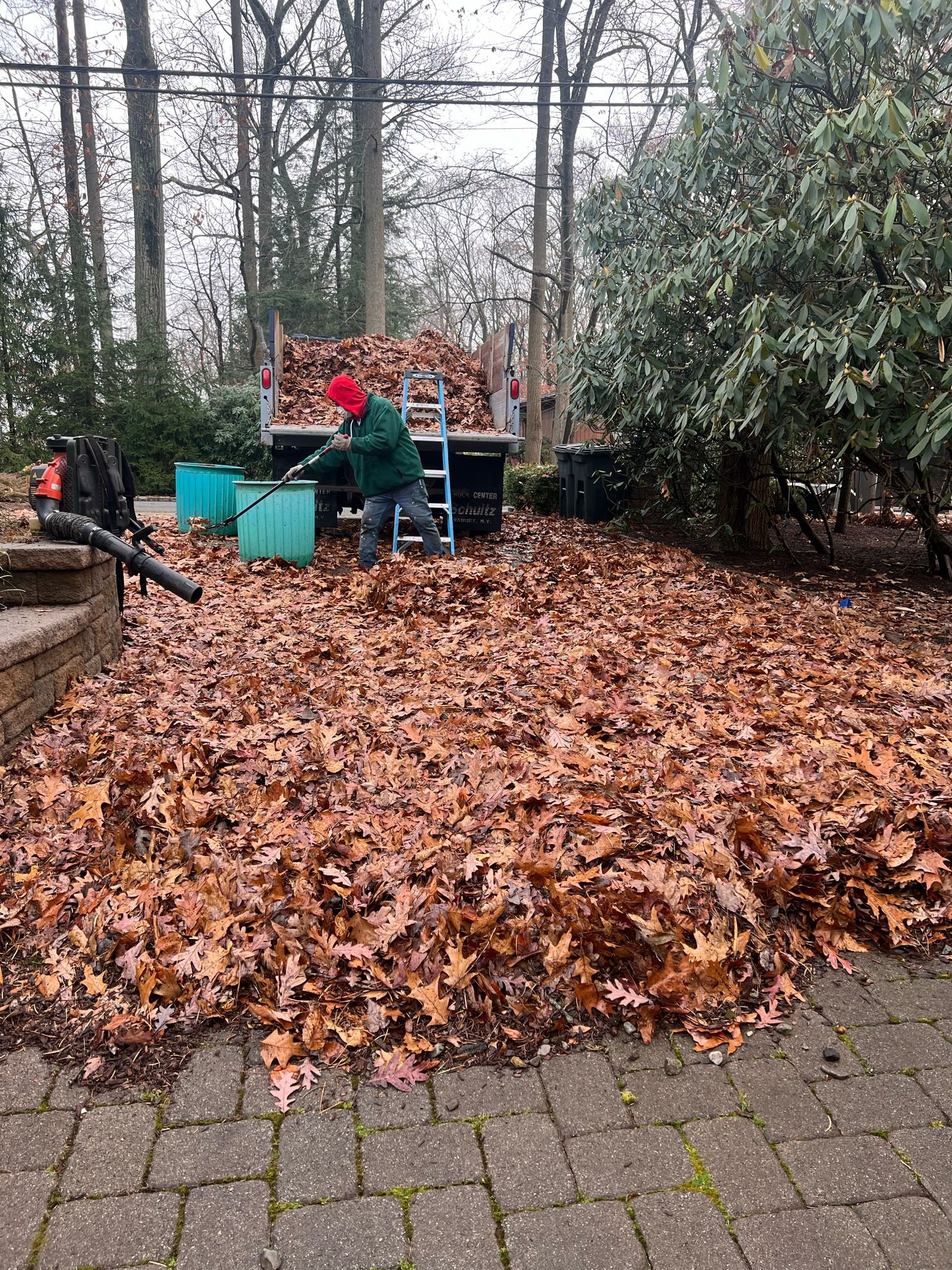 cleanup3 – Worker with red hood transferring giant leaf piles into a dump truck bed using a rake and sturdy bins