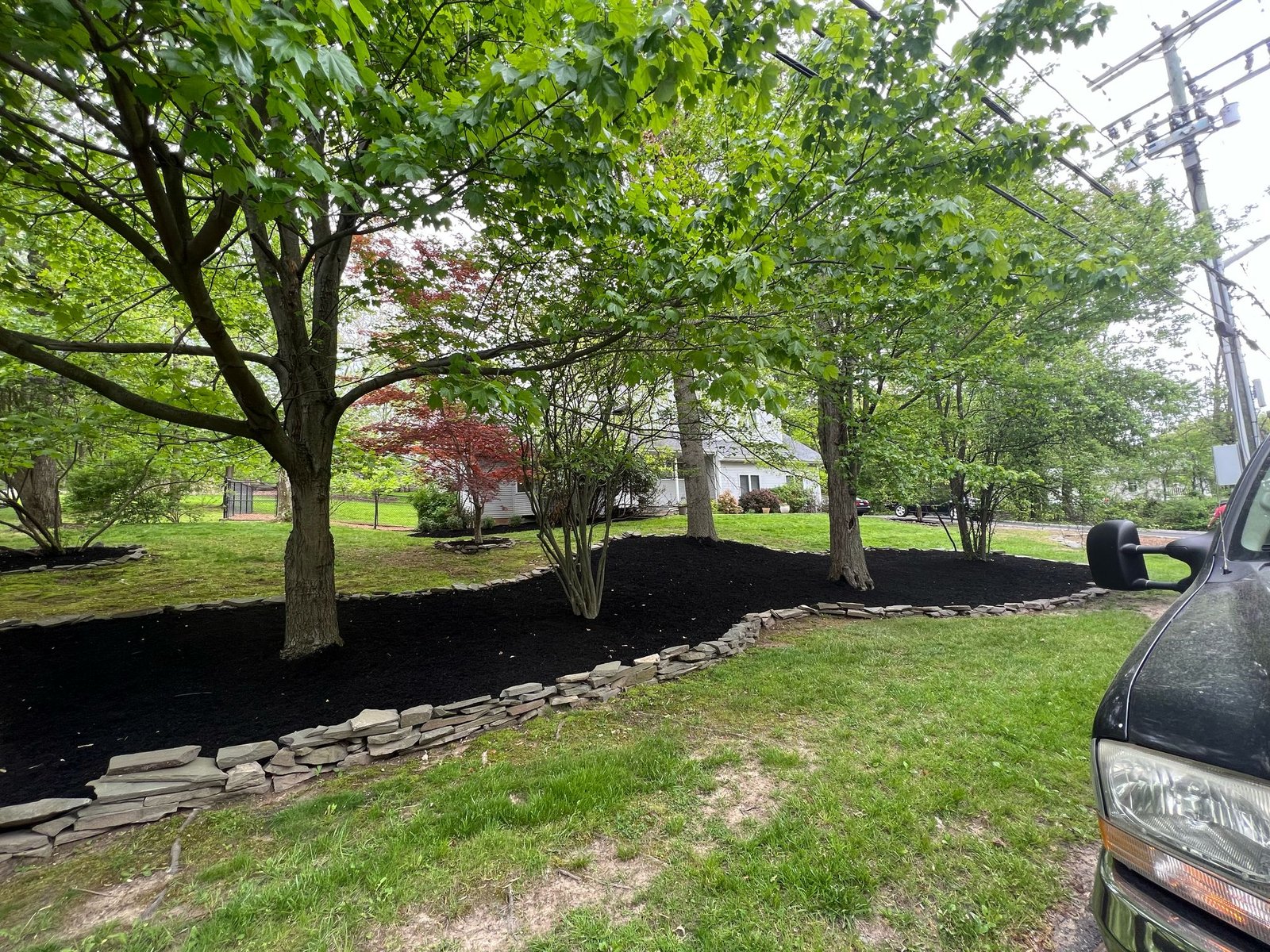 Finished woodland slope mulched with jet-black dyed mulch behind stone border.